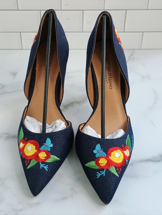 Christian Siriano Shoes - Christian Siriano Dark Denim Embroidered Pointed-Toe d'Orsay Pumps